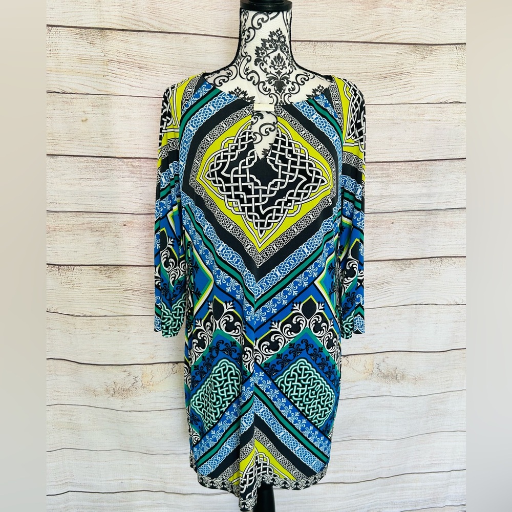Laundry Women’s Colorful Border Celtic Print 3/4 Sleeve Keyhole Shift Dress Sz M